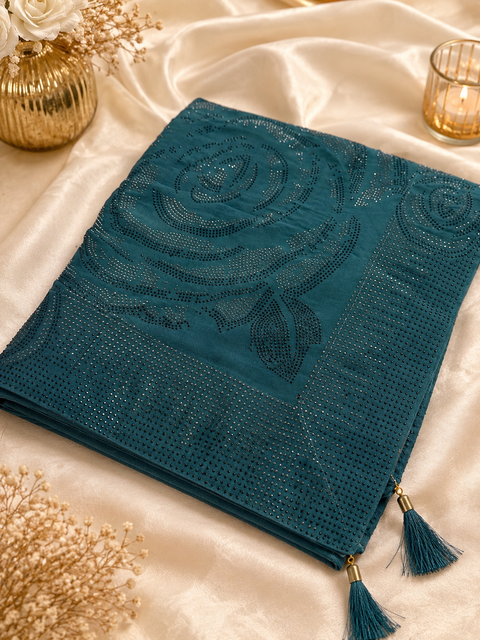 Beautiful swarovski Stones work Roses design beautiful Georgette Silk Saree. The Blouse Worn By The Model Is For Reference Purposes Only. The Blouse Piece Is Attached Separately With The Saree. Slight Variation In Color And Design May Occur.