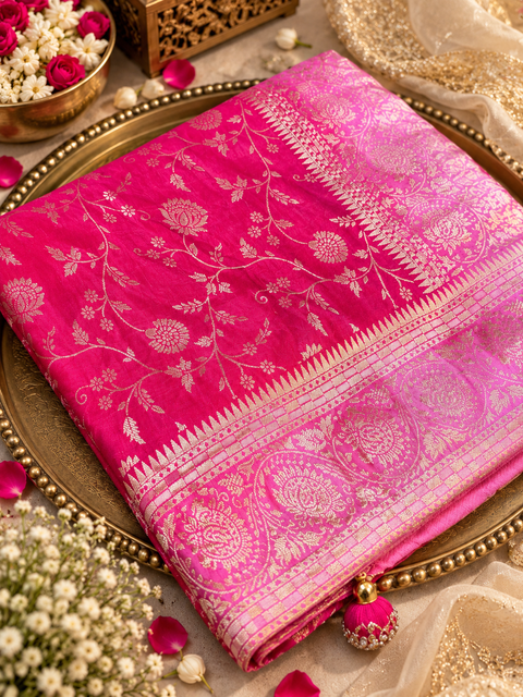 Dola Silk Saree with elegant all-over floral zari weaving and a rich contrasting woven border with detailed pallu.  Model blouse for reference only . Contrast blouse piece included.Slight variation in colour and design is possible.