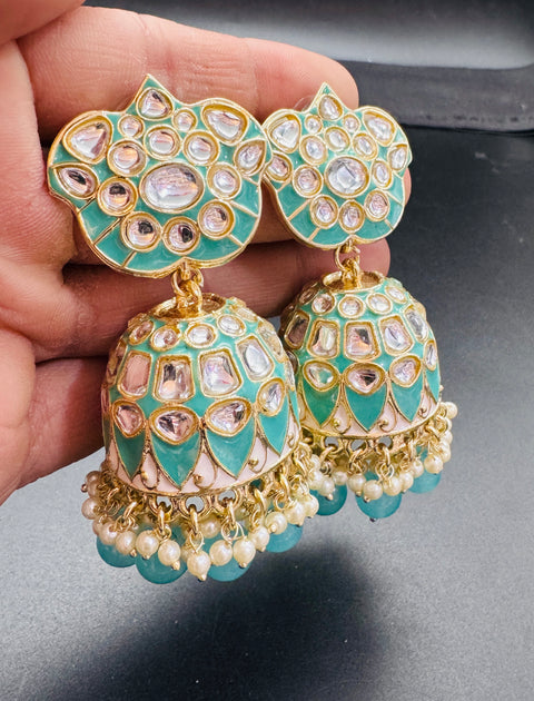 Bigger size Kundan Stone With Pearls Work Beautiful Meenakari Jhumka
