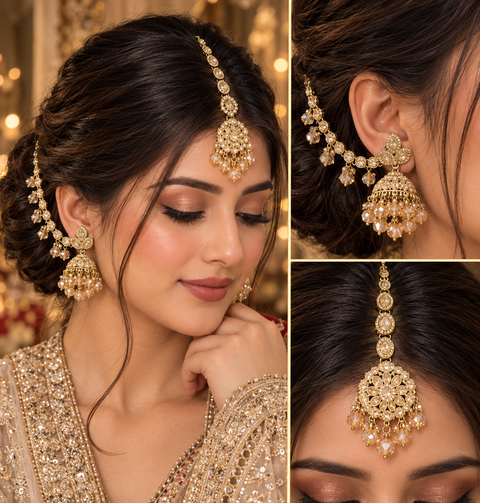 Golden Polki stone jhumka with Sahara & tikka set (slight variation in color and design is possible)