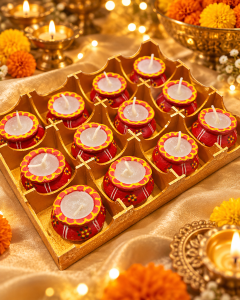 Set of 12 handcrafted clay diya candles, each filled with wax. Slight variations and minor natural surface lines may occur due to the handmade clay finish.