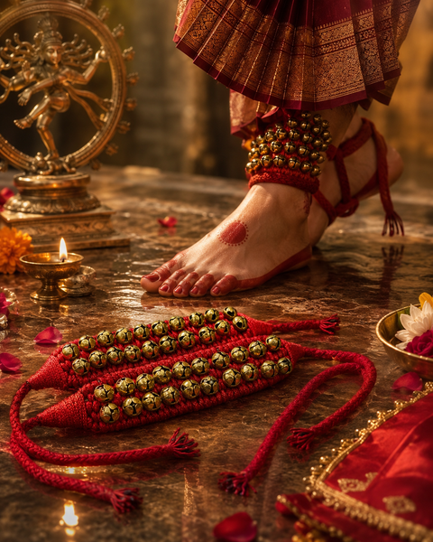 Ghungroo (20+20) Red Pad 2 Line Ghungroo Double String With Cushion Pads|Bell,Ghungru,Anklet Bell,Salangai,Chilanka|Paijania Kuchipudi,Bharatanatyam,Bharata Muni|Bharatnatyam Dance