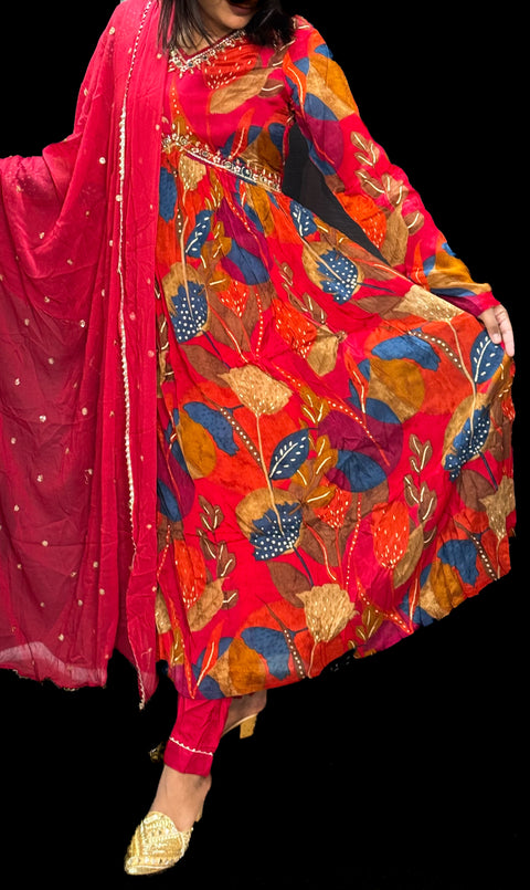 Pure chinnon georgette based Printed with embroidery work & Mirror work designer Kurti with Plazo Pants & beautiful Dupatta