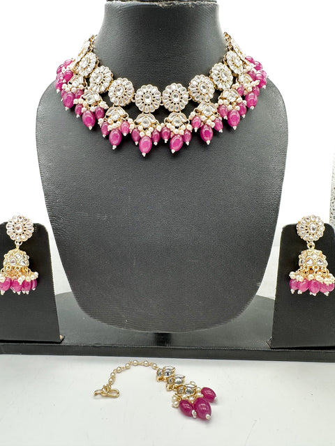 Kundan studded & pearls work designer heavy work Necklace set with beautiful Earrings & Tikka