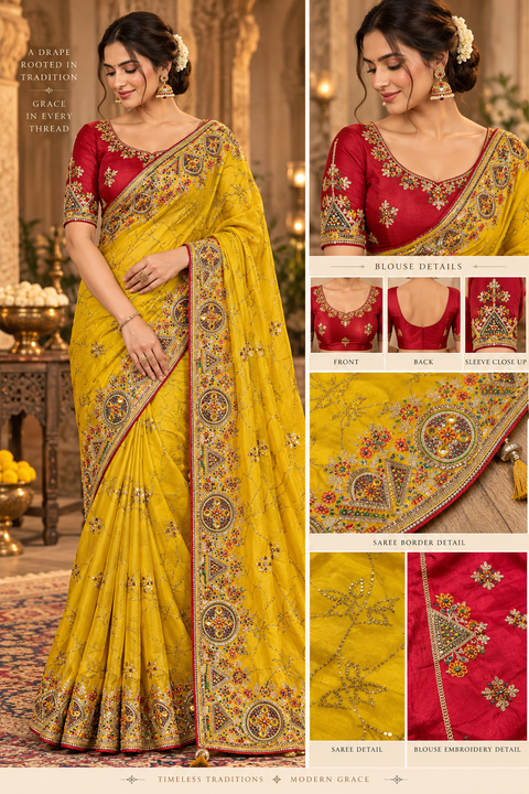 Shimmery Jimmy Choo Fabric Saree with a soft, flowy drape, all-over embroidery and stonework with a rich statement border. Comes with a contrast blouse piece attached; model blouse is for reference only. Slight variation in colour & design may occur