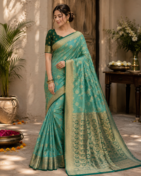 Art silk beautiful design Saree with contrast Pallu and Blouse , blouse piece is attached to Saree(slight variation in color and design is possible)