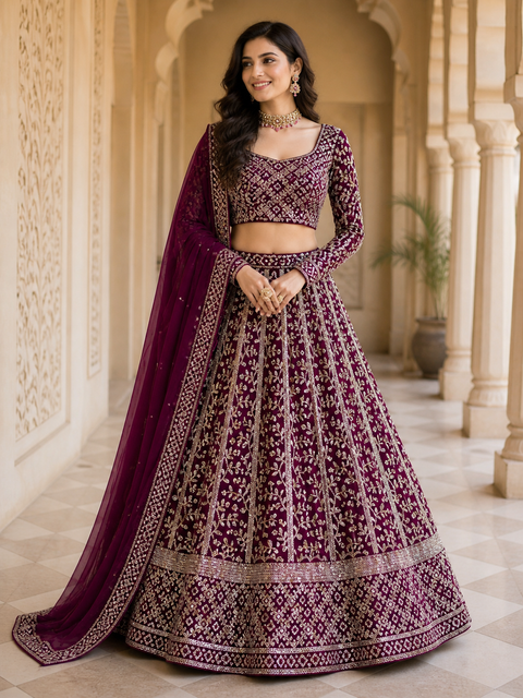 All over embroidery with sequined work heavy design crop top blouse with heavy work multiflared lehnga and netting dupatta