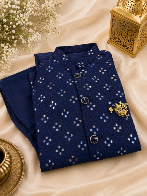 Dark Blue  colour silk based kurta with pants  & mirror look stylish  jacket (slight variation in color and design is possible)