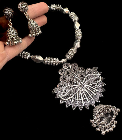 Peacock design Beautiful work oxidised Necklace with earrings