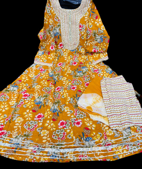 Rayon based embroidery work neck design flared kurti with pants & dupatta
