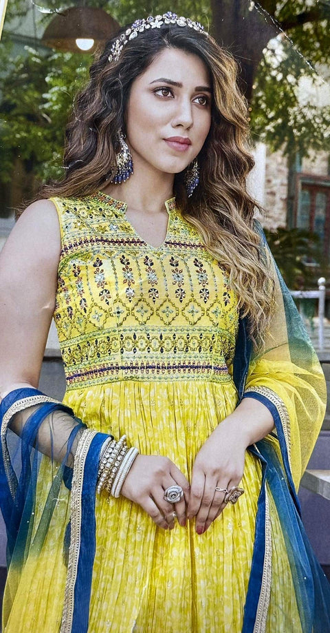 Beautiful print with embroidery work and stone work designer multi flare suit