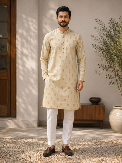 Pure cotton based Men’s Printed kurti (sizes mentioned in inches ,not according to the label on Kurti)size 44 kurti- Length 40 inches and size 46-length 42 inches ) Kurti only. Pants not included.