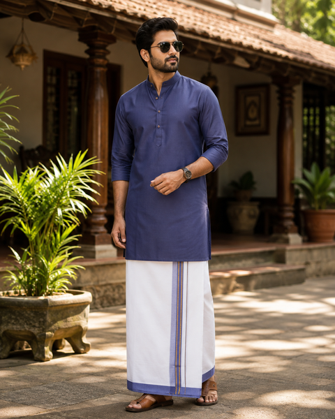 Woven Cotton Kerala Mundu / Dhoti in White ( 4 mtrs )Kurta not included,slight variation is possible