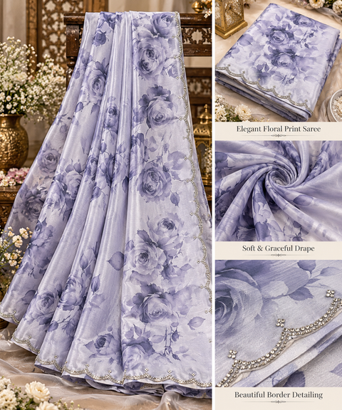 Pure Georgette Saree with a soft flowy drape, elegant all-over vine embroidery, delicate stonework and a rich floral border. Attached blouse piece included; model blouse is for reference only. Slight variation in colour and design is possible.