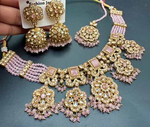 Original Polki stone with pearls beaded work beautiful necklace with jhumka and tikka set
