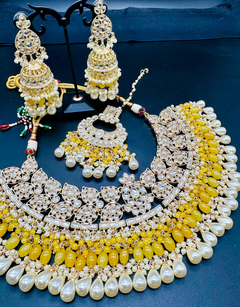 Kundan studded & pearls work designer heavy work Necklace set with beautiful Earrings & Tikka
