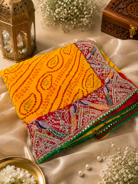 Bandhani print Beautiful Saree with embroidery peacock border all over The Blouse Worn By The Model Is For Reference Purposes Only. The Blouse Piece Is Attached Separately With The Saree. Slight Variation In Color And Design May Occur.