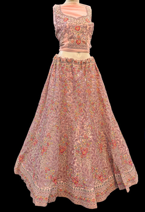(video clip attached) Netting based embroidery work with heavy sequins and stone work Heavy Ken ken designer lehnga with heavy handwork blouse and netting dupatta