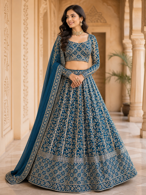 All over embroidery with sequined work heavy design crop top blouse with heavy work multiflared lehnga and netting dupatta