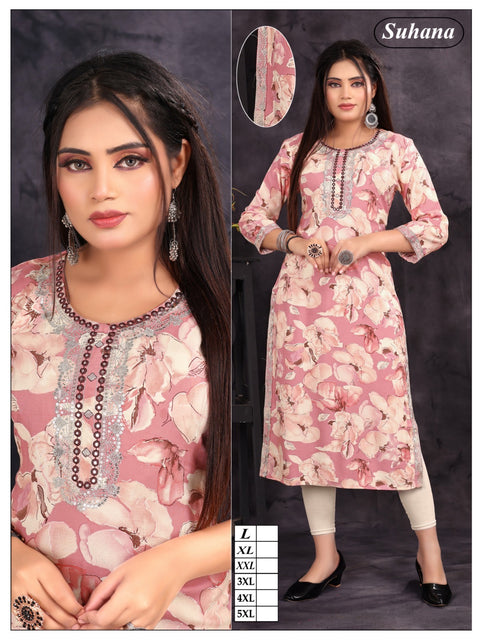 Pure Rayon based embroidered neck printed kurti