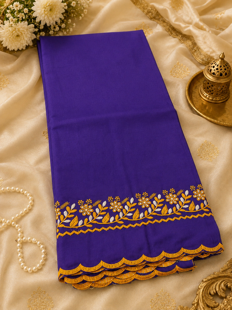 Elegant Hazoori Saropa crafted in rich royal blue fabric, adorned with traditional white and yellow embroidery and a delicate scalloped border.Size (around 216cms lenth / 84 cms wide)