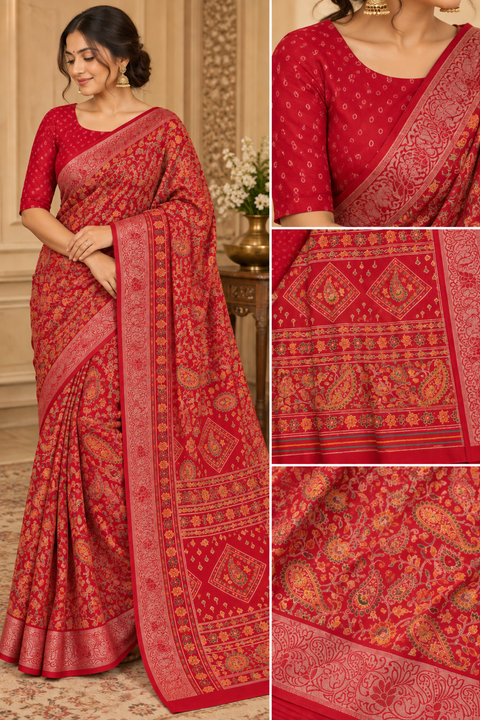 Soft Georgette Printed Saree – Lightweight and flowy with elegant all-over print and border. Matching blouse piece attached; model blouse is for reference only. Slight variation in colour/design is possible.