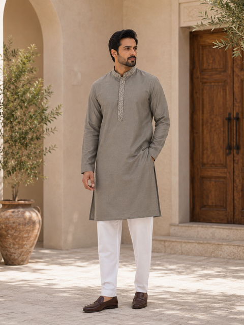 Pure cotton based Plain kurta with white pajama Set (slight variation in color and design is possible)