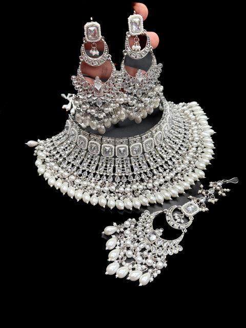 (video clip attached)Silver Original Kundan Polki stones & Pearls work Bridal necklace with beautiful Jhumka, tikka  NOTE:- original Polki stones not fake plastic stones)