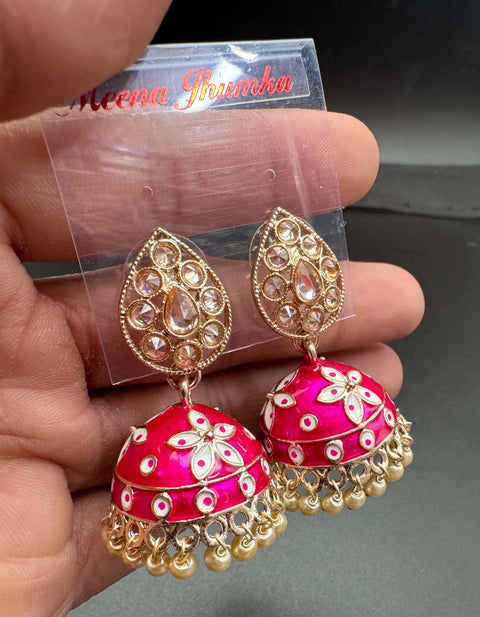 Polki Stone With Pearls Work Beautiful Meenakari Jhumka