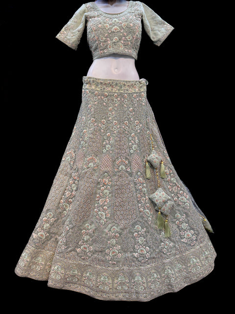 (Video clip attached) SIZE 40 (UPTO 44) Pastel Mint colour heavy embroidery with stone work fully heavy flared beautiful designer Readymade lehnga with very heavy embroidered dupatta