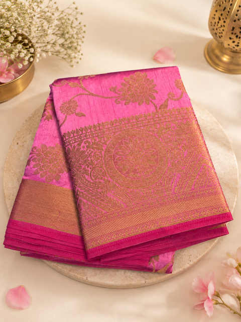 Graceful Silk Saree Featuring Elegant Zari Weaving, A Rich Texture, And A Structured Drape . Attached Blouse Piece Included. Slight Variation In Colour And Design May Occur.