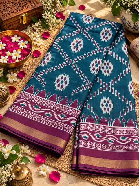 Soft silk blend saree with a flowy drape and elegant ikat-inspired weave. Contrast teal zari border adds a graceful look.Blouse piece attached. Slight variation in color/design may be possible.