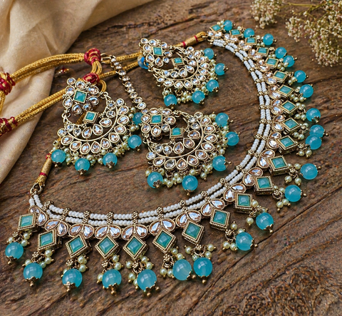 Original Polki stone with pearls beaded work beautiful necklace with jhumka and tikka set