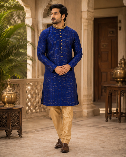 Soft Silk based Heavy brocade work with stone work buttons and neck design , designer Kurta with golden Pajama (slight variation in color and design is possible)