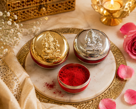 Ganesh Ji Sindoor Box – Beautifully packed sindoor in an elegant Ganesh Ji box, available in Gold and Silver finishes. Premium quality, perfect for daily pooja, gifting, and festive occasions. Price is per box.