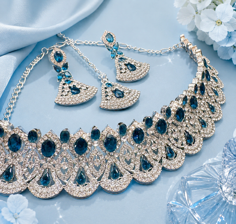 Silver jerkan stone beautiful choker necklace with earrings and tikka set