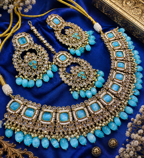 Original polki stone with pearls beaded necklace set with beautiful earrings & tikka