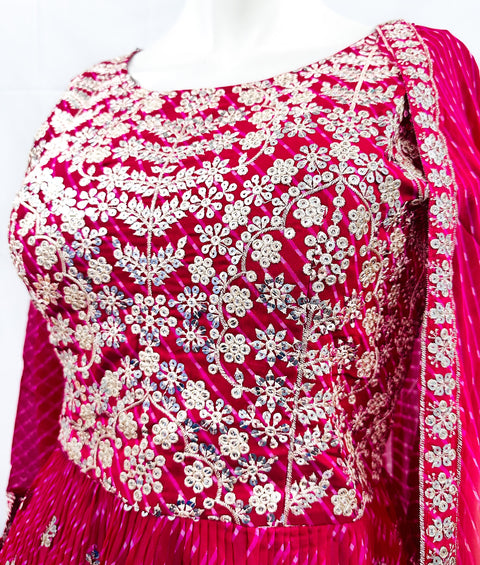 Georgette based embroidery work with Sequinned work design Bandhani print beautiful flared Kameez with georgette lehnga multiflared and georgette Dupatta