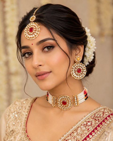 Pearls beaded with Kundan stone beautiful choker necklace with Earrings & Tikka