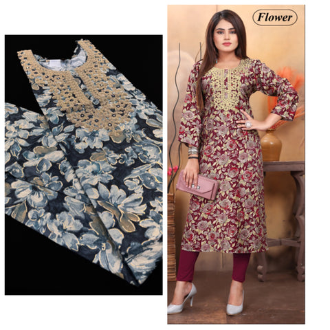 Grey Color Pure Rayon based embroidered neck printed kurti(style picture attached )