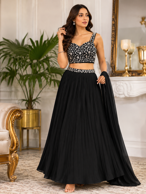 Pure Georgette Based Beautiful Hand Work Crop Top & plain Lehnga