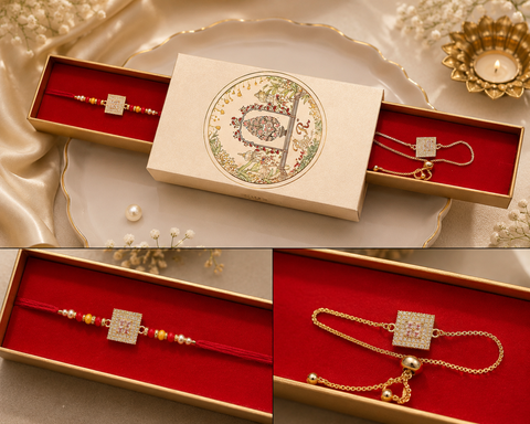 (Video clip attached )Bhai Bhabhi special American diamond stones Rakhi ,Stylish with pearl detailing, presented in a premium gift box