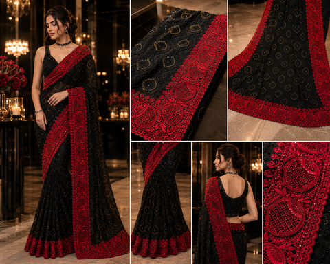 Elegant black net saree with all-over black stone work and a striking red embroidered border with red stones, crafted for luxurious & unforgettable party look,Blouse Piece is For Reference Only, Blouse Piece Attached to Saree(slight variation is possible)