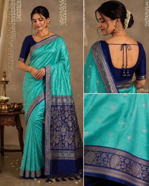 Plain silk Saree with contrast zari border and contrast plain Blouse, Model-Worn Blouse Is For Reference Only. Unstitched Blouse Piece Is Attached With Saree(Slight Variation In Color & Design Is Possible)