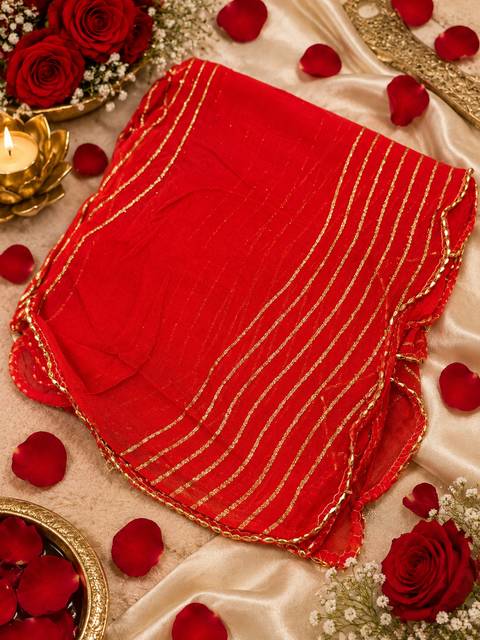 Elegant chiffon dupatta with delicate gold stripe detailing. Lightweight, flowy and perfect for festive or party wear.slight variation in color & design is possible