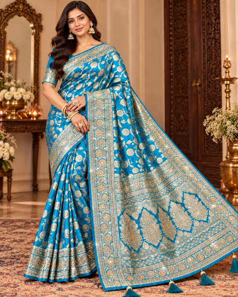 Elegant Soft Banarasi Silk Saree featuring rich woven detailing with sparkling stone work,beautifully heavy stone-work pallu.Comes with an attached blouse piece.Blouse worn by the model is for reference only.Slight variation in colour and design may occur