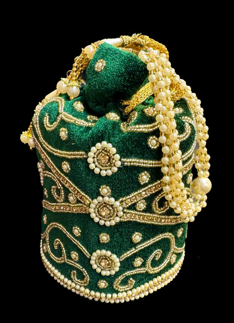 Velvet based Embroidery with stones & pearl work hand bag /potli bag