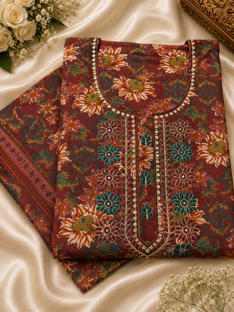 Rich maroon-rust printed kurti set crafted in a comfortable cotton-base fabric, featuring elegant floral prints and detailed neckline work. Paired with matching printed pants and dupatta .Slight variation in color & design is possible