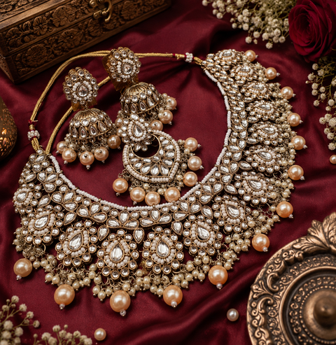 Polki stone with pearls beaded work beautiful necklace with jhumka and tikka set