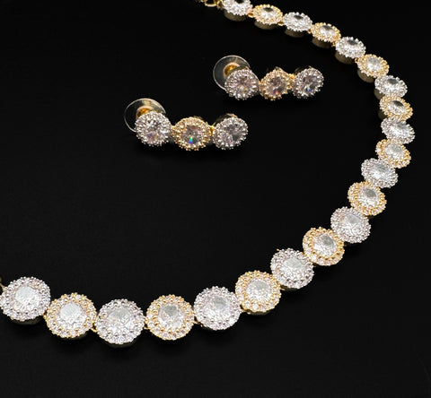 Golden American Diamond stones very fine work classy necklace with beautiful earrings